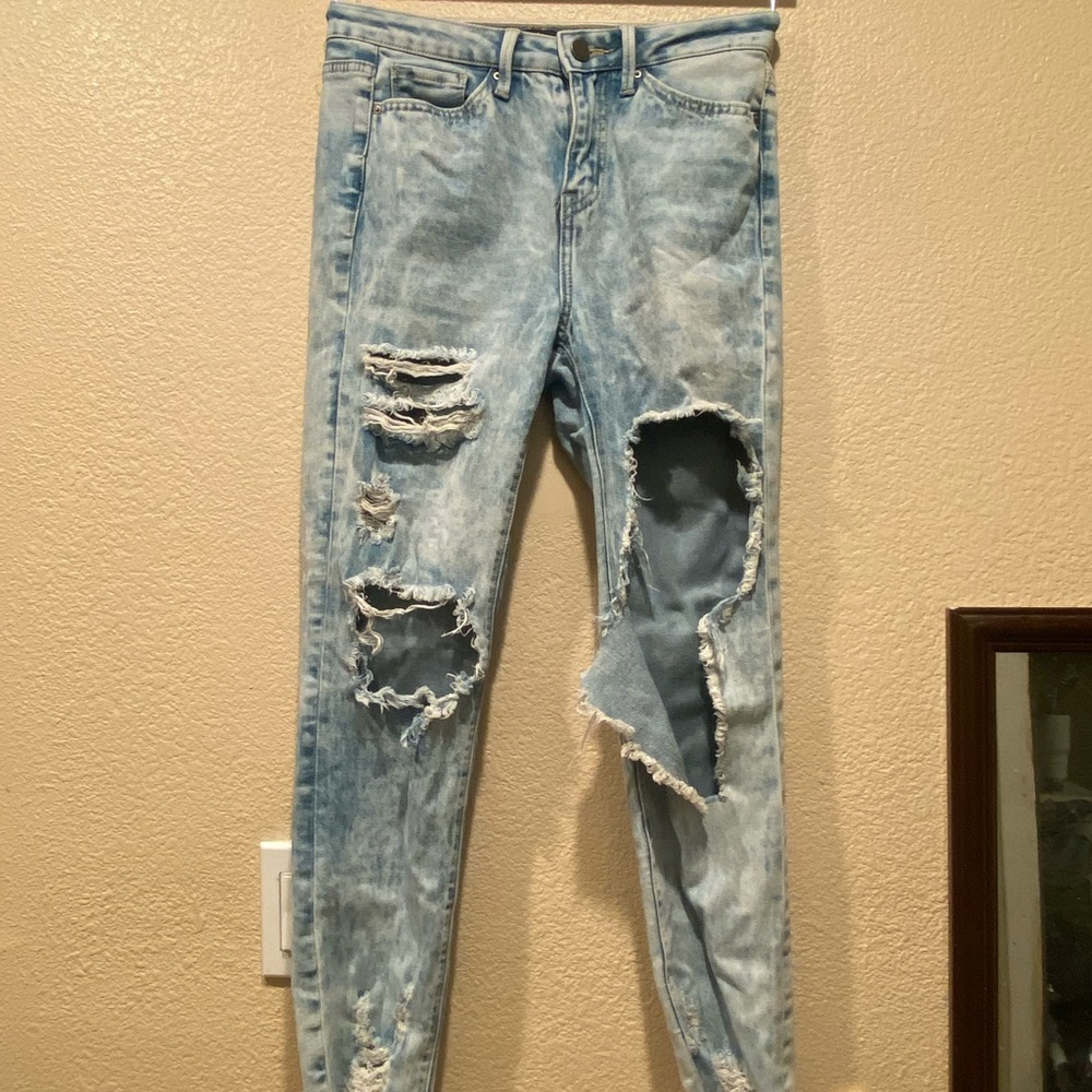 Simple Society Skinny Ankle Jeans Womens Acid Wash High Rise Distressed stretchy